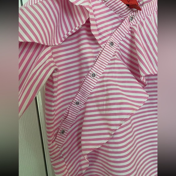 V Cristina White/Pink  Pinstripe Cold Shoulder Asymmetric Button Down Shirt L - Picture 4 of 9